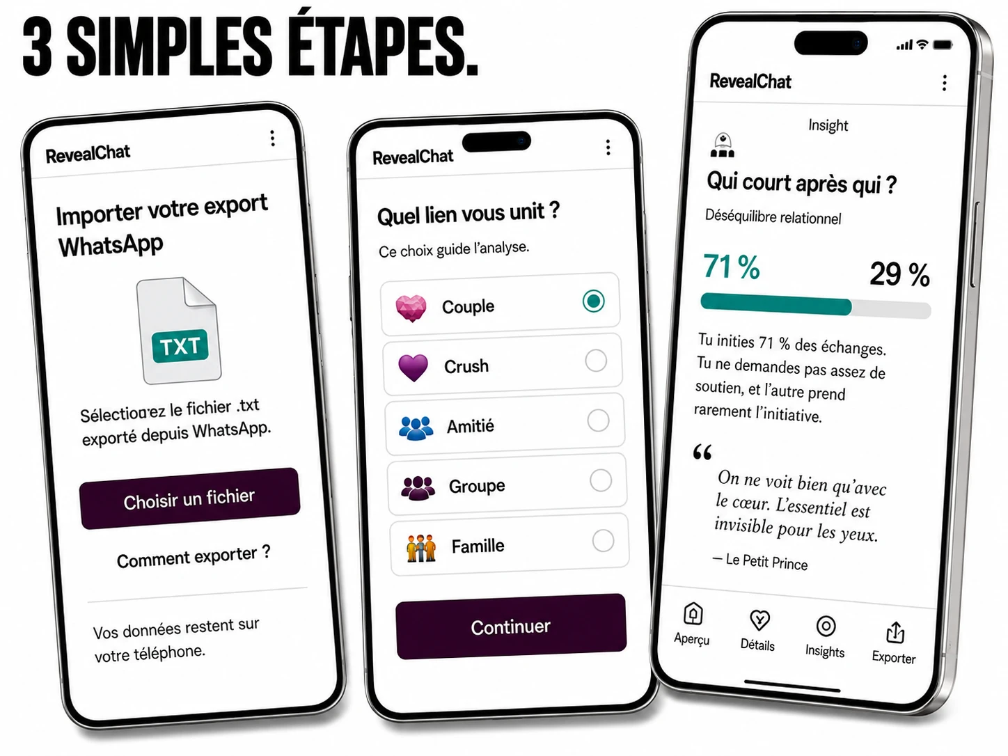 3 simple steps. The three RevealChat screens: import a WhatsApp export, choose the type of relationship, then read an insight, "Who is chasing who?" at 71% against 29%.